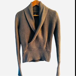 AEO Chunky Knit Gray/Taupe Sweater w/Shawl Collar Cinched banding around waist S